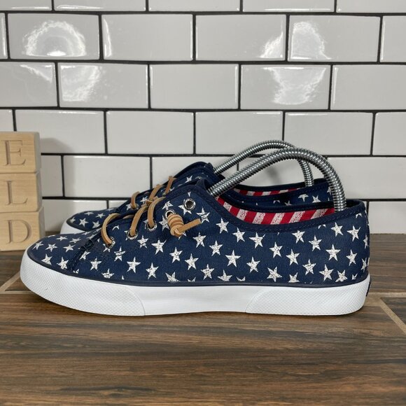Sperry Pier View Womens Size 9 Shoes Blue Canvas White Stars Slip On Sneakers - Picture 1 of 12